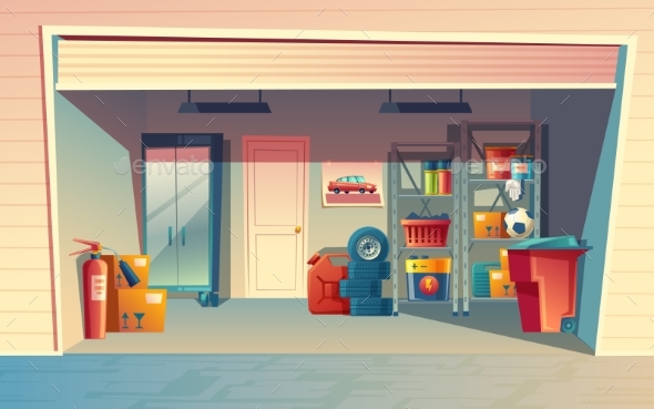 Vector Cartoon Illustration of Garage Interior - Backgrounds Decorative