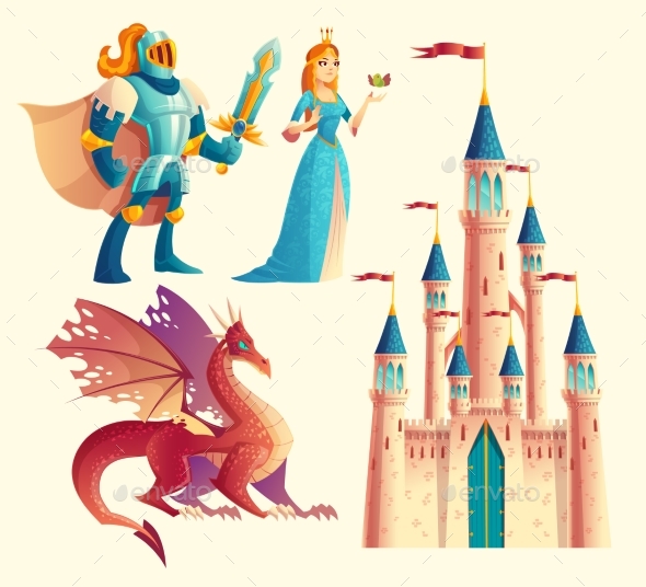 Vector Fantasy Set - Knight, Princess, Dragon - Objects Vectors