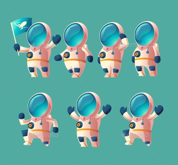 Vector Set of Cartoon Spaceman, Moving Cosmonaut - People Characters