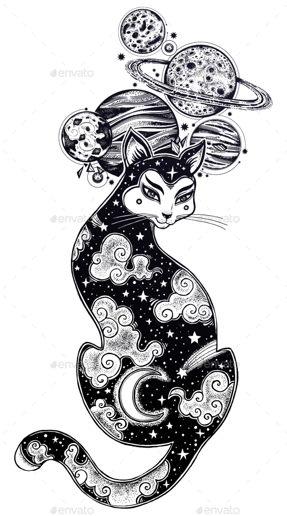 Japanese Cat with Moon, Sky and Planets. - Animals Characters