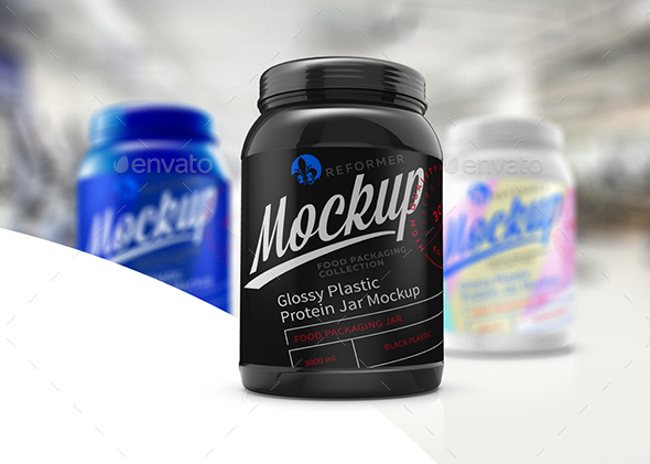 Glossy Plastic Protein Jar Poster Mockup - Product Mock-Ups Graphics
