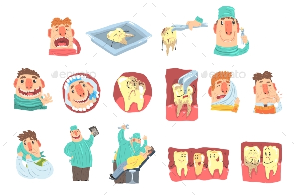 Cartoon Dentist and Patient Illustration Set - Health/Medicine Conceptual