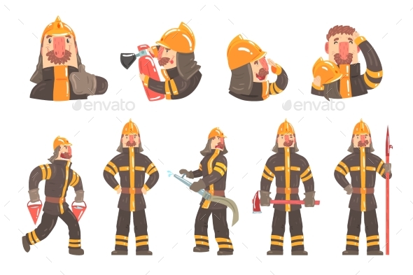 Fireman at Work Using Firefighting Gear - People Characters