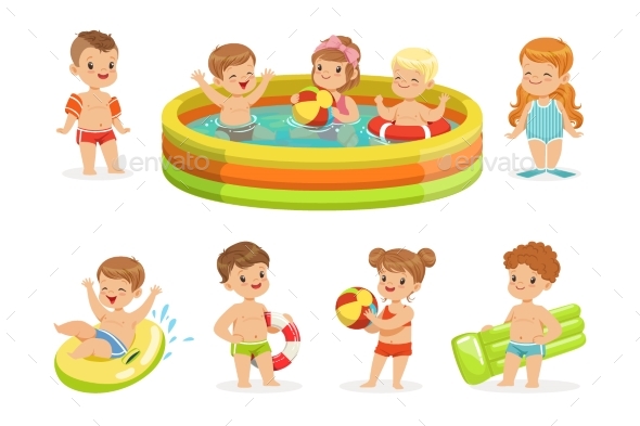 Small Children Having Fun in Pool - People Characters