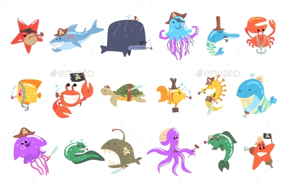 Marine Animals and Underwater Wildlife With Pirate - Animals Characters