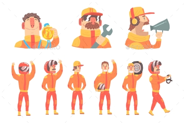 Racing Team Members in Orange Uniforms - People Characters