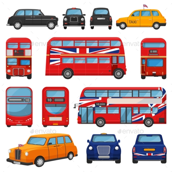London Car Vector British Cab Taxi and UK Red Bus - Man-made Objects Objects