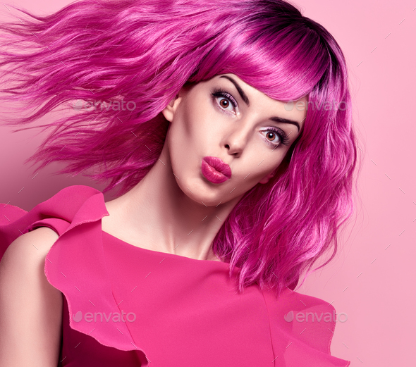 Glamour Beautiful Lady. Pink Fashionable Hairstyle - Stock Photo - Images