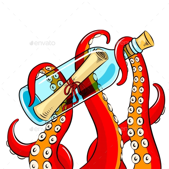 Octopus and Message in Bottle Pop Art Vector - Animals Characters