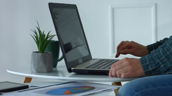 Female Hands Typing on Laptop Keyboard in Home Office alt
