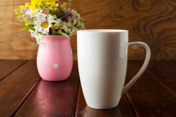 White coffee cappuccino mug rustic mockup with wildflowers in pi - Stock Photo - Images
