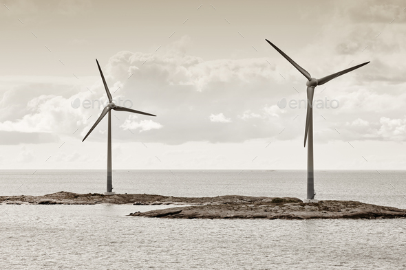 Wind turbines in the baltic sea. Renewable energy. Finland seascape Stock Photo by ABBPhoto