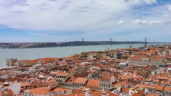 Lisbon Roofs  with Tagus River and Suspension Bridge