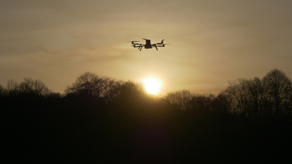 Dron at Sunset in the Rays of the Setting Sun