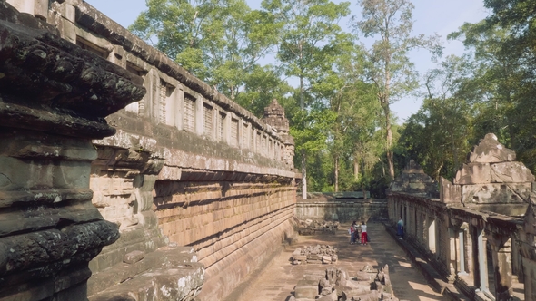 Wall with Decorations of Ancient Angkor Wat Temple on Sunny Day