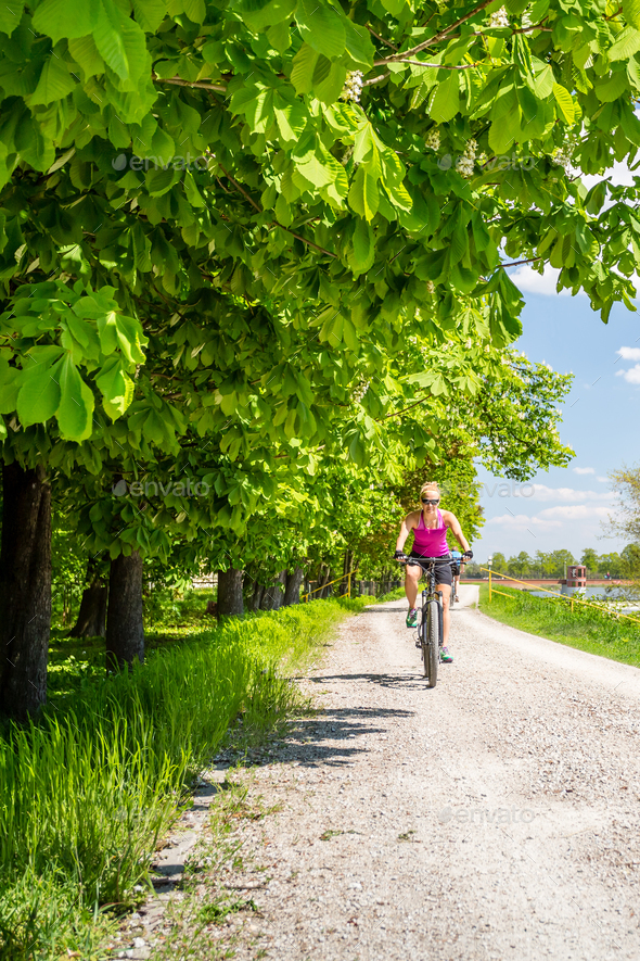Woman cycling a mountain bike in city park, summer day - Stock Photo - Images