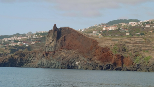 Madeira Island with Its Cliffy Shore, White Houses and Buildings, Roads and Trestles