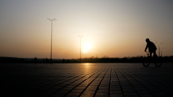 Guys Ride on Bicycles Towards the Sunset on a Large Area. Silhouettes People Against the Background