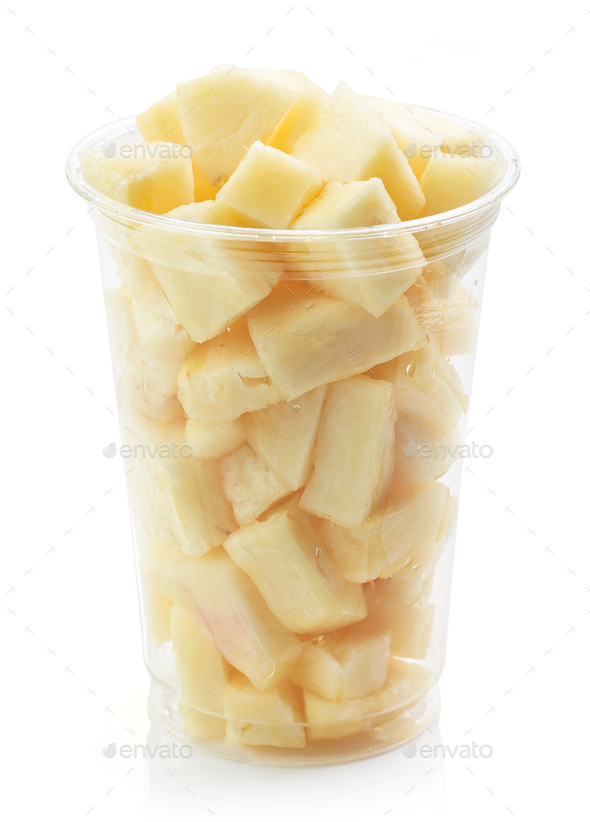 fresh fruit pieces salad in plastic cup Stock Photo by magone
