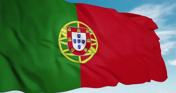 Portugal Flag Waving on Blue Sky Animation
