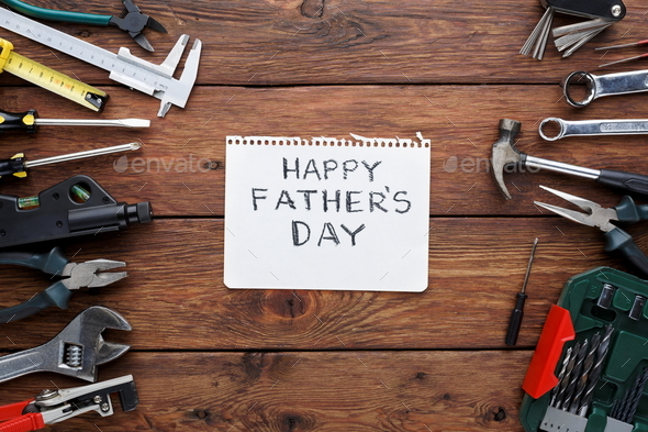 Happy Fathers Day background, card with repair tools Stock Photo by Milkosx