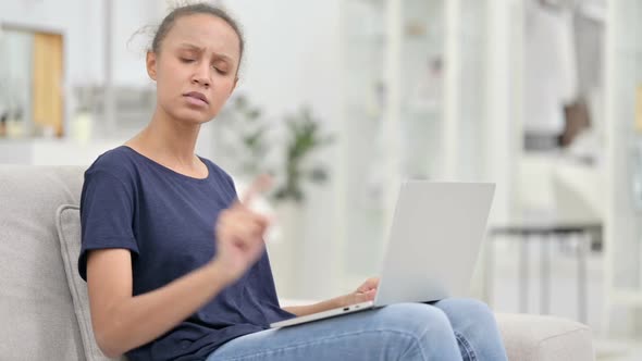 Serious African Woman with Laptop Saying No with Finger alt