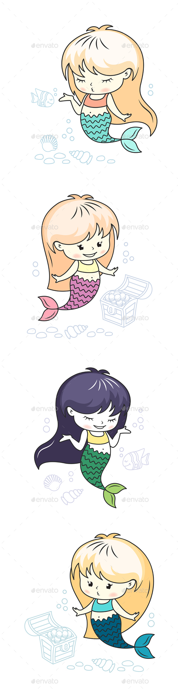 Little Mermaid Illustrations Set - Animals Characters