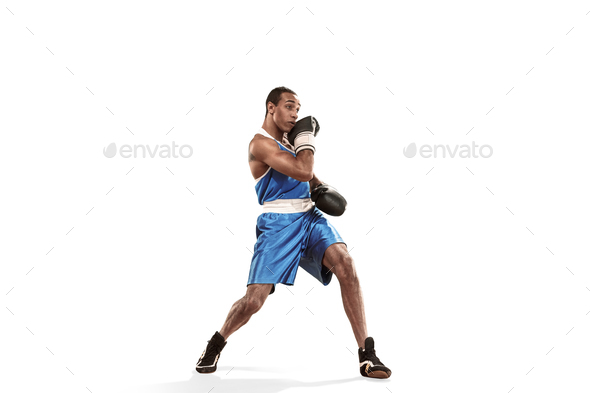 Sporty man during boxing exercise making hit. Photo of boxer on white background - Stock Photo - Images