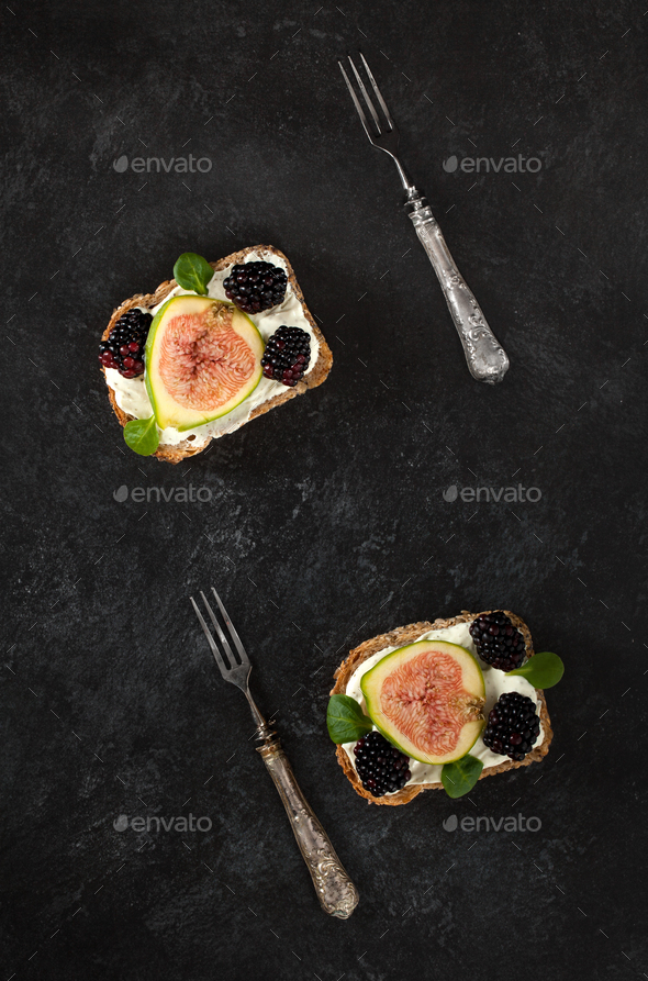 Toast With Cheese Figs And Blackberries Stock Photo by CorinaDanielaObertas