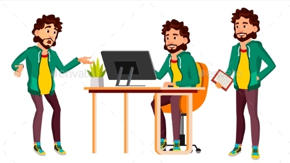 Office Worker Vector. In Action. Businessman - People Characters