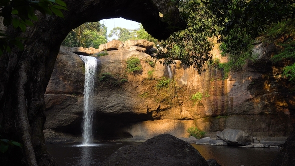 Picturesque Waterfall at Evening Time Falls in Pool in Khao Yai National Park, Thailand.