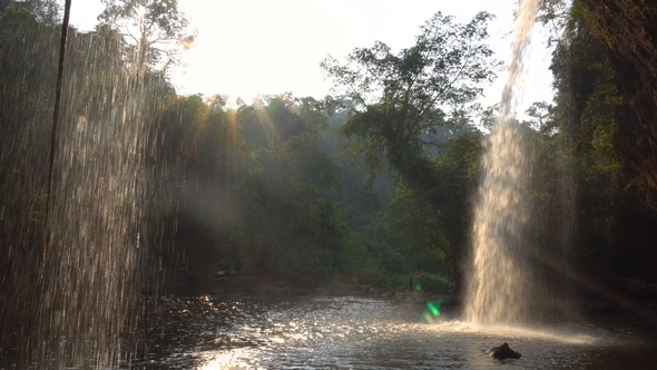 View Form Cafe Under the Picturesque Waterfall in Jungles at Evening Time. Water Is Falls in Pool