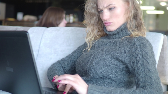 Woman Using Laptop, Searching Web, Browsing Information, Having Workplace at Home. Business Girl