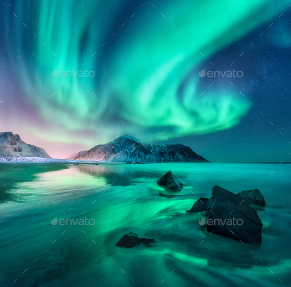 Aurora. Nothern lights in Lofoten islands, Norway - Stock Photo - Images