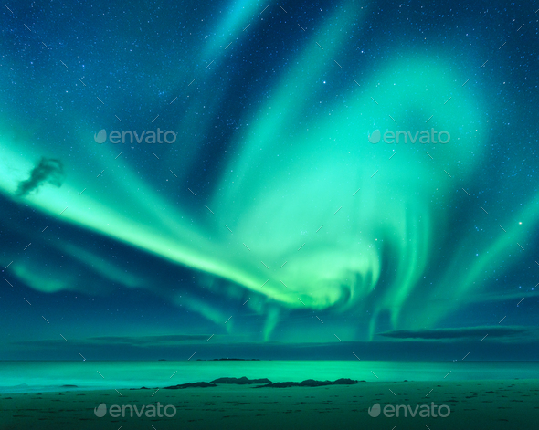 Aurora. Aurora borealis above the sea - Stock Photo - Images