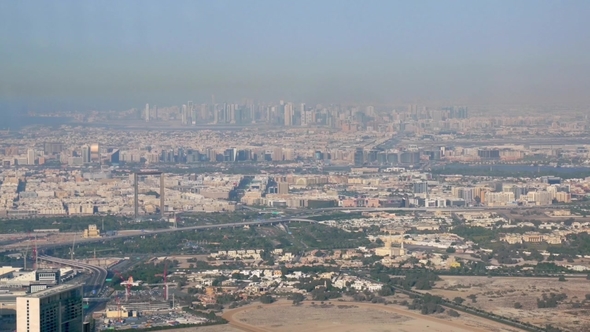 High Panorama of Modern City in Sunny Day, Dubai and Sharjah From Burj Khalifa