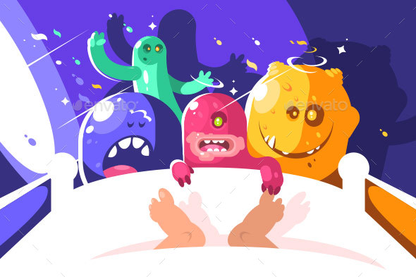 Night Monsters Bother Someone Sleeping in Bed - Miscellaneous Vectors