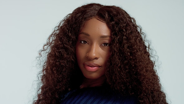 Beauty Black Mixed Race African American Woman with Long Curly Hair and Perfect Smile alt