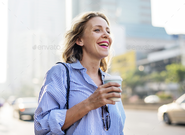Woman on the go with take away coffee Stock Photo by Rawpixel | PhotoDune