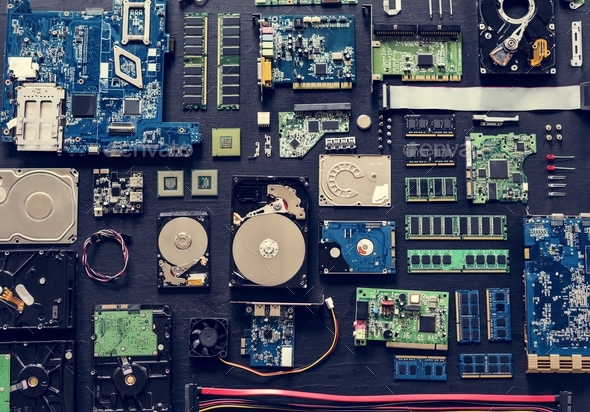 Aerial view of computer electronics componets parts flatlay Stock Photo by Rawpixel