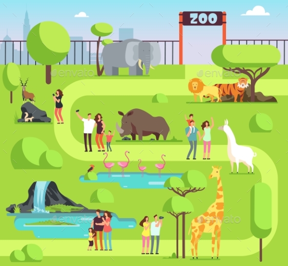 Cartoon Zoo with Visitors and Safari Animals by MicrovOne | GraphicRiver