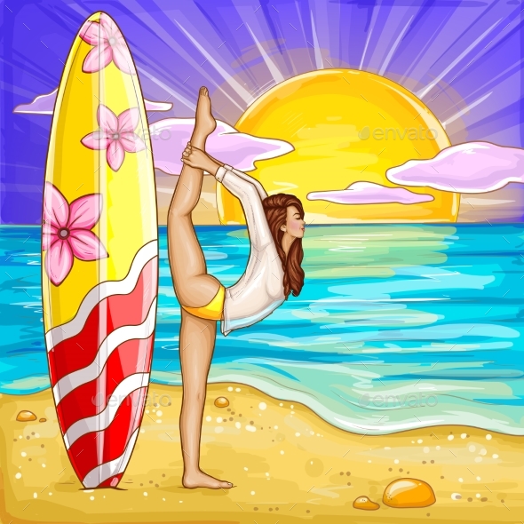Vector Pop Art Surfing Girl Doing Yoga - Sports/Activity Conceptual