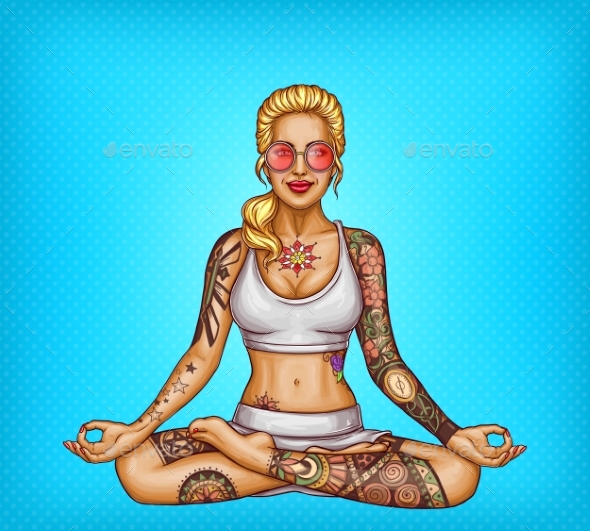 Vector Pop Art Tattooed Girl Doing Yoga - People Characters