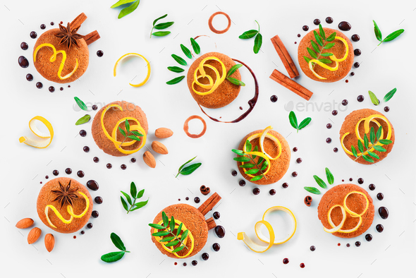 Cookie decoration flat lay. Food styling tips pattern made of cookies, chocolate swooshes and rings