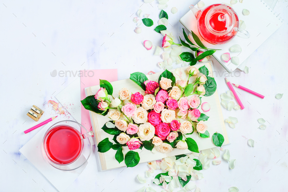 Spring reading concept with open book on a white background with flowers, rose petals, pink