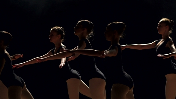 A Group of Young Ballerina Girls Dancing on Stage. alt