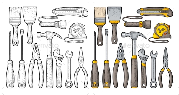 Set Hardware Tools. Vector Engraving - Objects Vectors