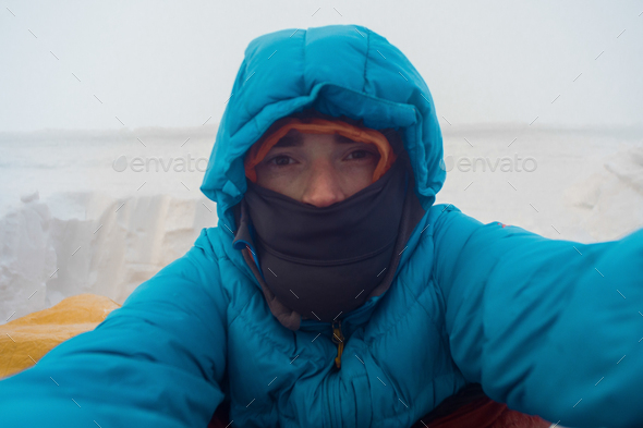 winter camping misery selfie