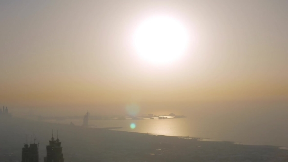 Coastline of Dubai in Sunset Time with Smog and Smoke
