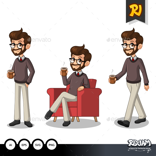 Set of Hipster Businessman Making a Break with Drinking a Coffee - People Characters